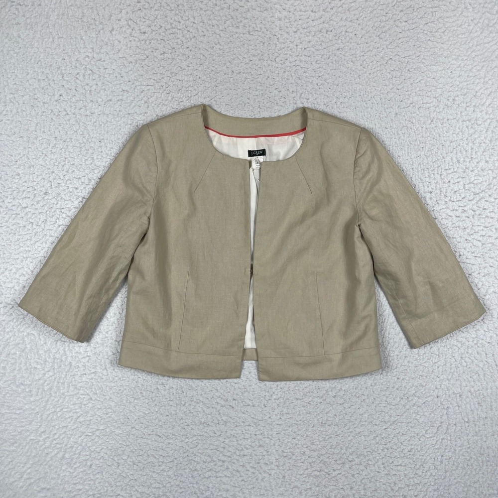 J.Crew Blazer‎ Womens 10 Beige Linen Cotton Blend Cropped 3/4 Sleeve Hook Front